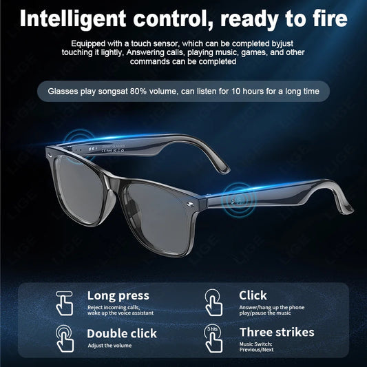 LIGE Smart Glasses Wireless Bluetooth Call Sunglasses Built-In Mic Speakers